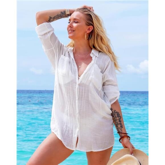 Women's Button Down Swim Cover Up Shirt Sexy Long Sleeve Beach Blouse Bathing - Picture 3 of 6